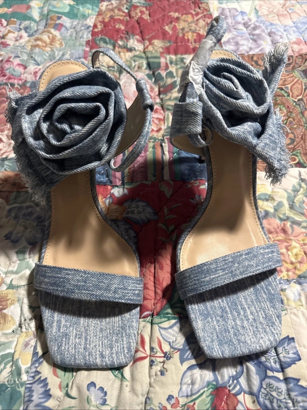 Azalea Wang Denim Rose Strap Women's Heels in Light Blue
